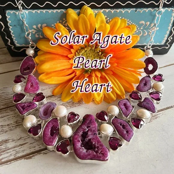 Solar Agate Pearl Heart Necklace Handmade Stone Gemstone 925 Silver Large Ethnic - Picture 4 of 15